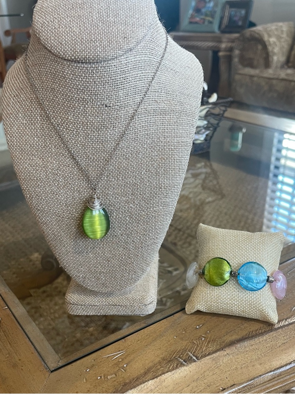Green Glass Pendant Necklace and Multicolor Glass Bubble Bead Bracelet Set